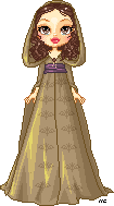 Brunette doll in a long, light brown cloak with golden highlights