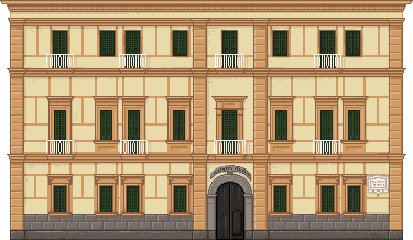 Pixel art of a large building of warm, light stone