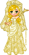 Blonde doll with yellow lacy veil and a white bridal gown