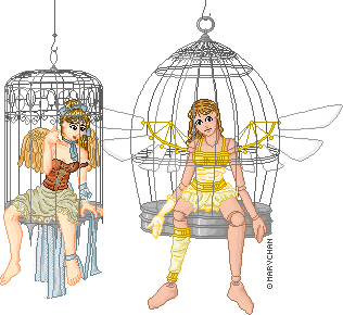 Two dolls held in cages. One is a young woman with wings in a corset and skirt; the other is a winged puppet in a yellow toga