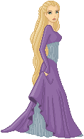 Fantasy doll with long blonde hair and a blue and purple dress