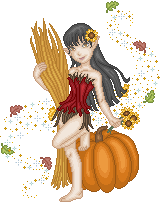 Autumnal doll with a sunflower in her black hair, holding a sheaf of wheat and leaning against a large pumpkin. A swirl of leaves and sparkles trails behind her.
