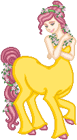 Centaur doll with a yellow horse body and pink hair/tail with flowers in both