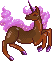 Pixel art of a deep brown unicorn with fluffy purple frosting for its mane and tail